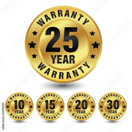 Collection of warranty number 10, 15, 20, 25, 30 year label badge gold and black style, Set of warranty logo design isolated on white background, Vector golden warranty and illustration.