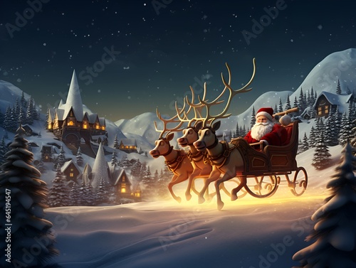 Santa Claus is riding a reindeer sleigh with snow mountains in the background. christmas concept © Jagad