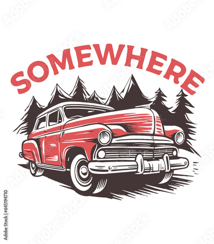 Vintage Travel Art  Old-fashioned Autos and Scenic Landscapes for the Ultimate Outdoor Adventure Experience   T-shirt  logo  sticker  ready-to-print  hand-drawn vector  outdoor adventure design
