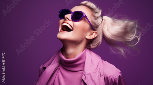 young woman laughing on purple background 