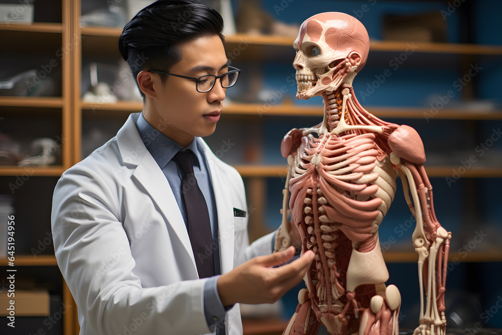 A medical student studying a human anatomy model