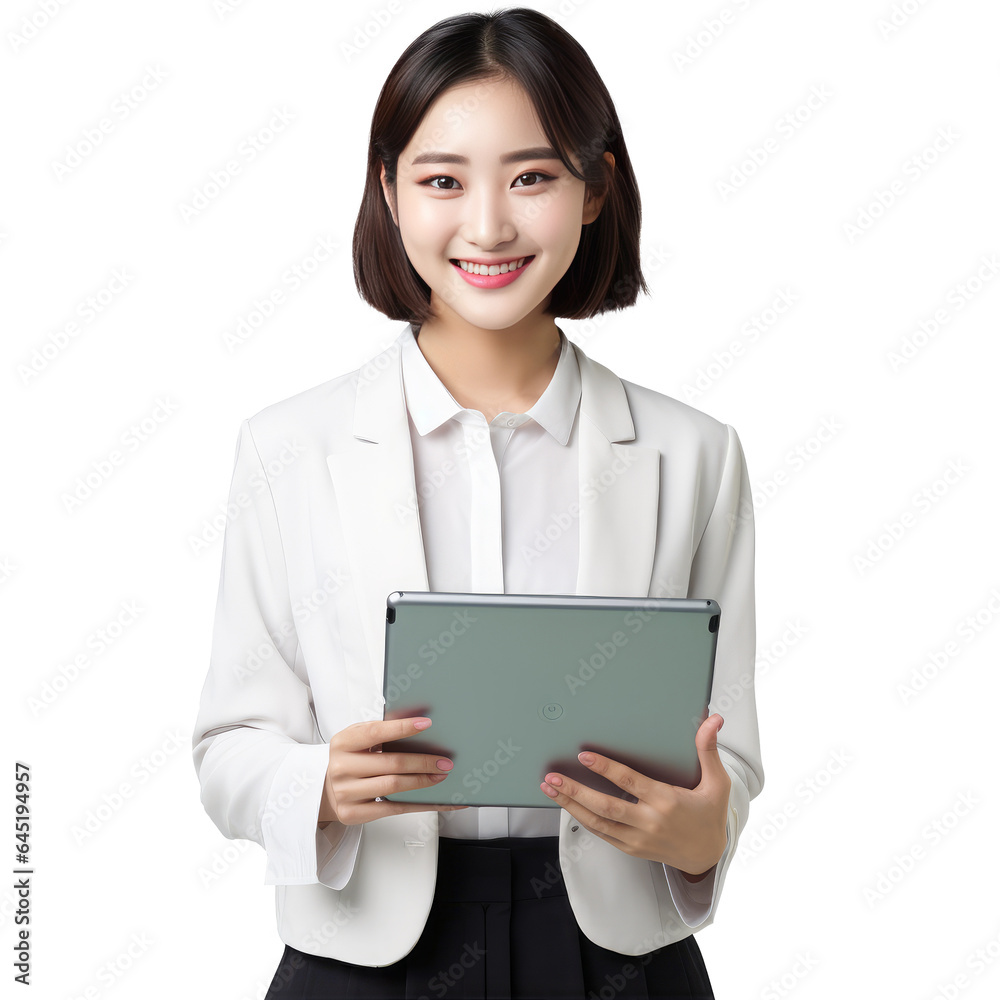 Young beautiful asian woman happy face smiling use tablet, isolated on white transparent background Young beautiful asian woman happy face smiling use tablet, isolated on white transparent background