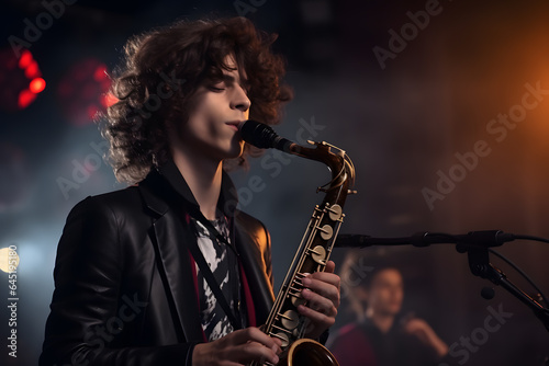A student playing a saxophone in a band