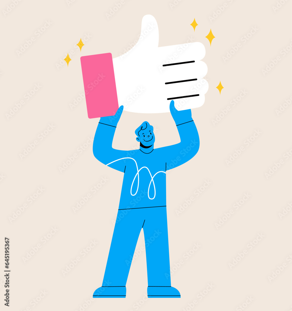 Man holding social icon balloon. Thumb up. Social media sign. Colorful vector illustration Man holding social icon balloon. Thumb up. Social media sign. Colorful vector illustration
