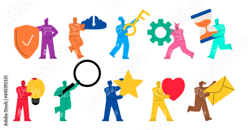 Set of people holding big objects or items. Collection of different people activities. Holding tools. Vector illustration