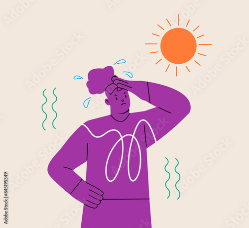 Woman with heatstroke. Having sunstroke at summer hot weather. Colorful vector illustration