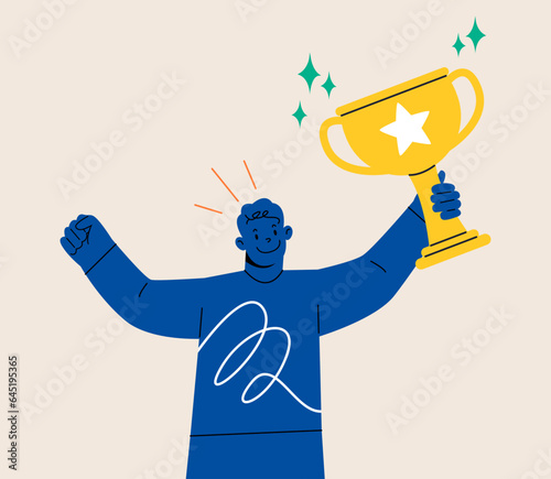 Happy man holding winning trophy. Victory,  achieving the goal concept. Colorful vector illustration