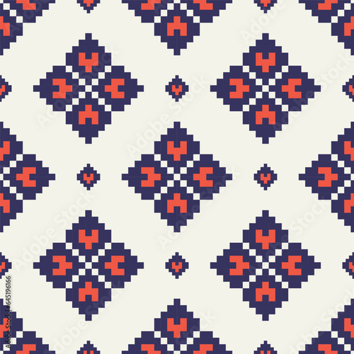 Geometric floral embroidery pattern. Vector geometric floral seamless pattern colorful pixel art style. Geometric traditional stitch pattern use for textile, wallpaper, cushion, upholstery, wrapping.
