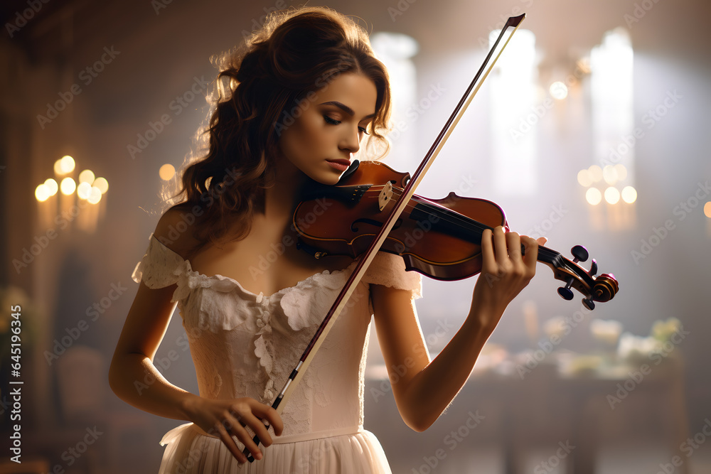 Fototapeta premium A violinist wearing a dress and playing a romantic melody on a violin