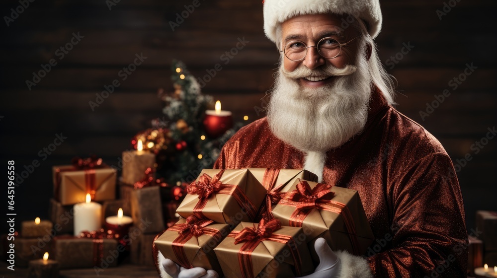 Santa Claus is holding Christmas gifts for giving. Generative AI