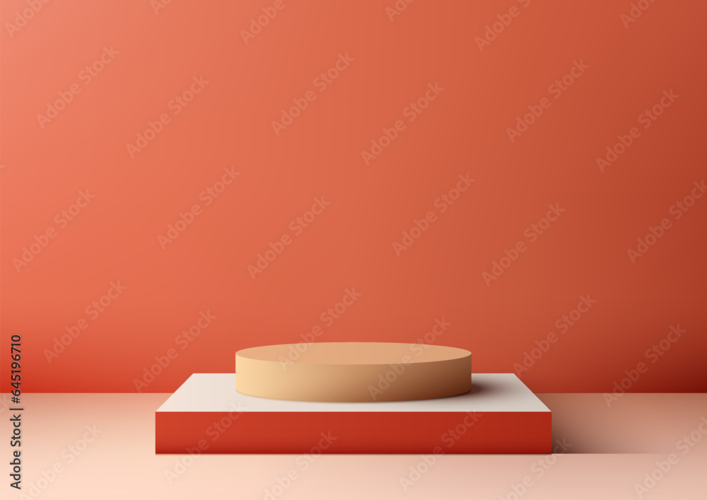 3D Realistic Beige Cylinder Empty Podium on Red Platform 3D Realistic Beige Cylinder Empty Podium on Red Platform