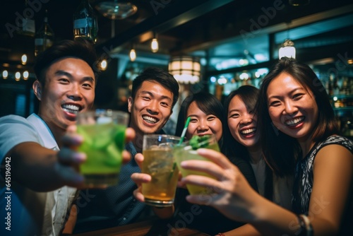 Group of asian friends drinking cocktails in a bar. Cheerful young people having fun together