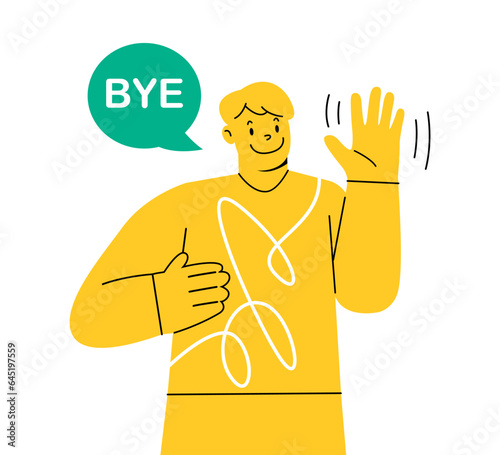 Happy man waves his hands in farewell. Colorful vector illustration