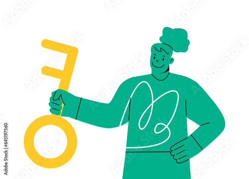 Happy woman holding big key. Concept of solution. Colorful vector illustration