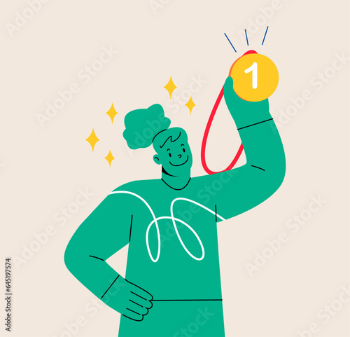 Happy woman with golden medal and celebrating victory. Concept of success. Colorful vector illustration
