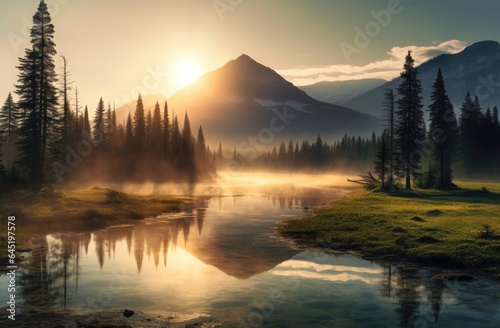 Stunning Sunrise Over Mountain Stream Landscape - Generative AI © ArtBoticus