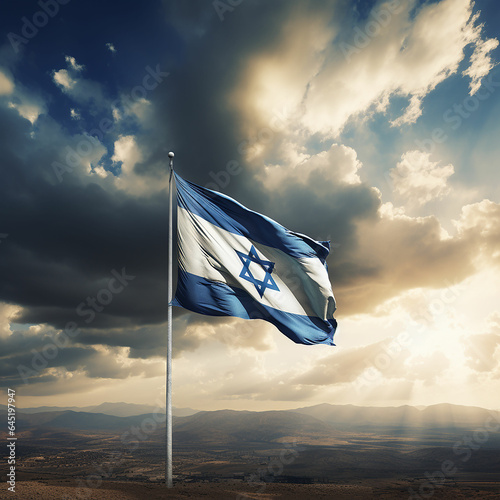 Israel flags on the cloudy sky background. Made with generative ai