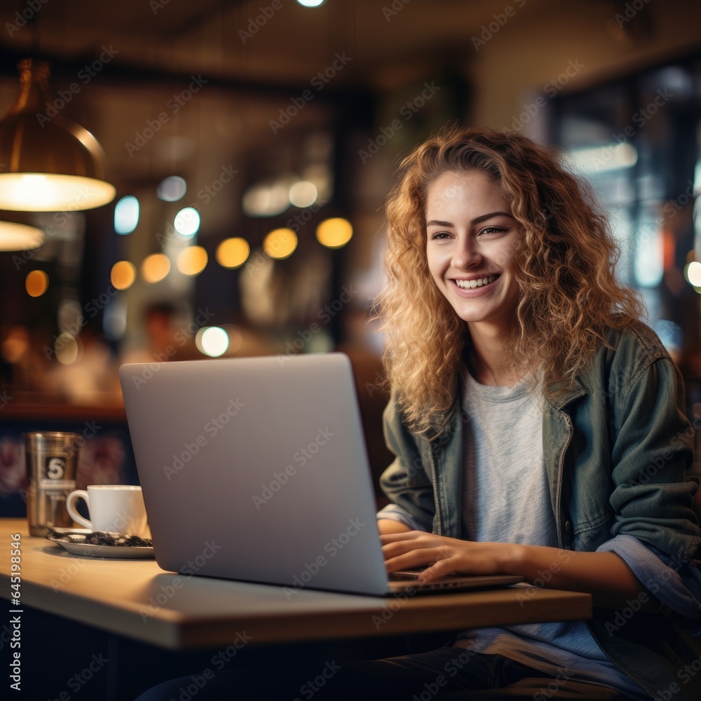 Smilling woman working with her laptop in cafe.