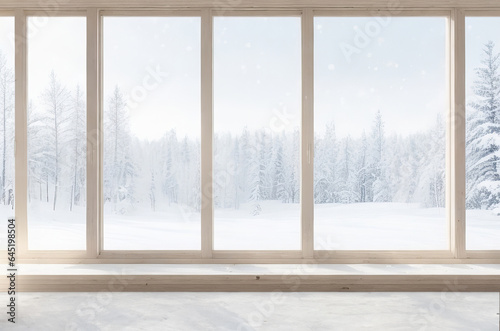 Rustic Wooden Table Framed by Snowy Forest View: Tranquil Window Scene.