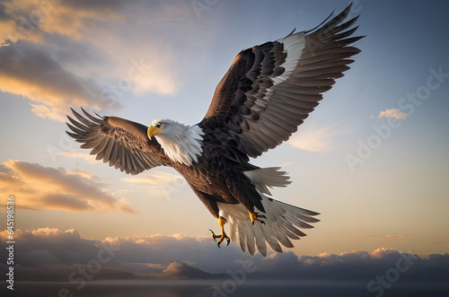 Majestic Bald Eagle in Flight  Captivating Skyward Soar Amidst Clouds. 