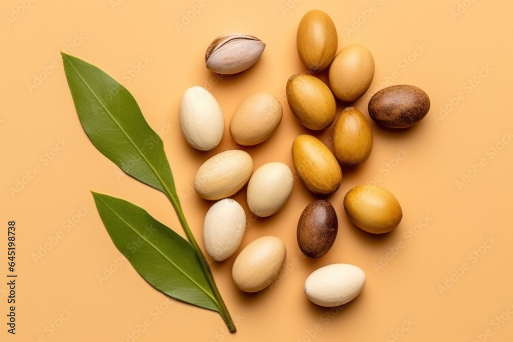 Argana nuts with green leaves on orange background. Top view. Argana nuts with green leaves on orange background. Top view.