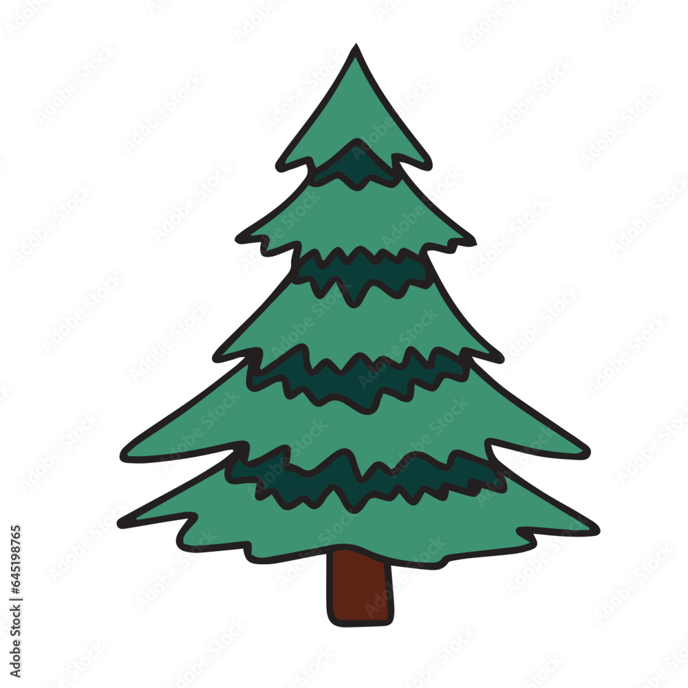 Hand drawn pine tree colored outline. Doodle fir tree isolated on white background. Vector illustration.