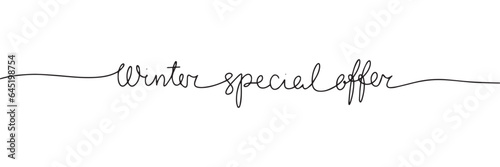 Winter special offer one line continuous text. Text banner winter. Line art winter short phrase handwriting monoline. Vector illustration.