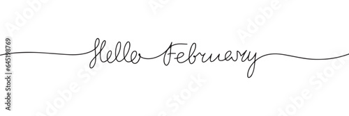 Hello February one line continuous text. Text banner winter. Line art winter short phrase handwriting monoline. Vector illustration.
