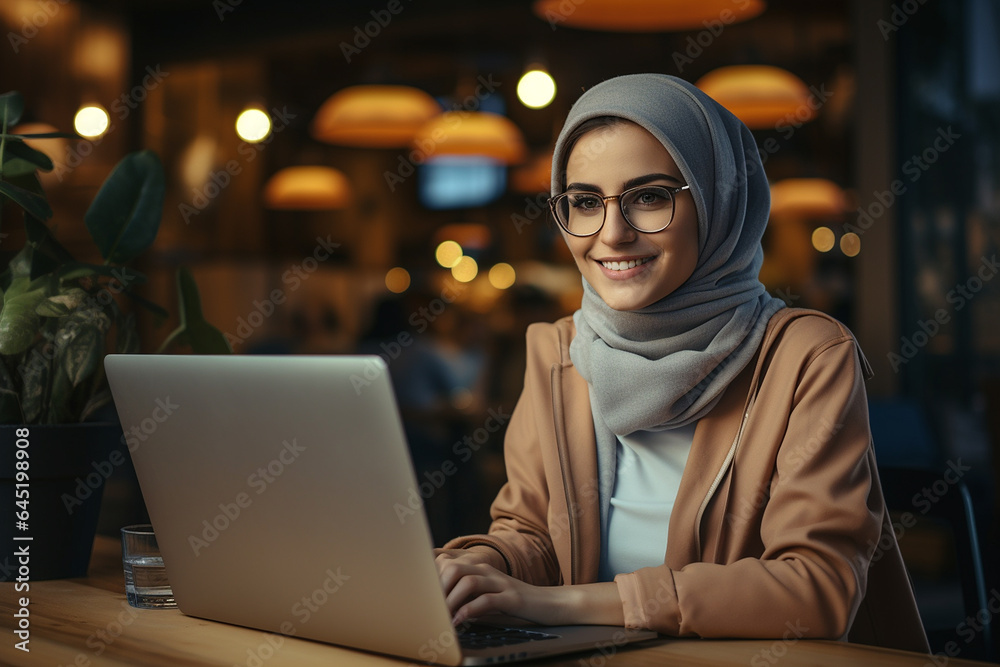 Smilling arab woman working with her laptop in cafe. Smilling arab woman working with her laptop in cafe.