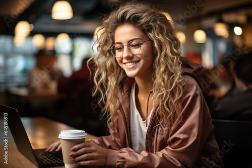 Smilling woman working with her laptop in cafe.
