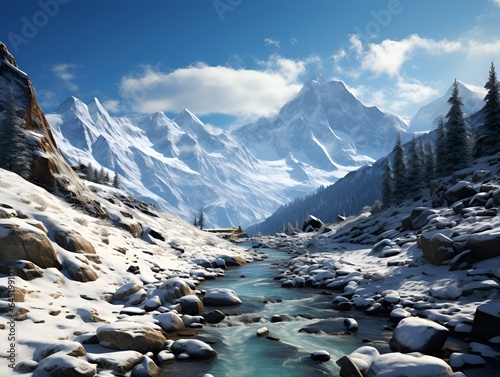 Fantastic winter mountain view with river flowing below. Christmas and winter holiday concepts suitable for use as wallpaper