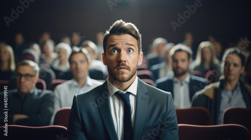 A man in a suit with an astonished look is sitting with colleagues at the presentation. Generative AI