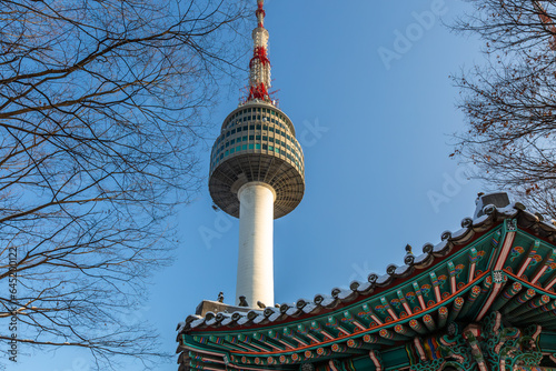Photography Seoul Tower with Korea pavilionin winter at Namsan mountain, Seoul, South Korea