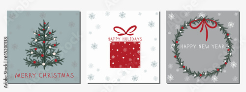 A set of Christmas cards. Christmas banner. Christmas wreath with bow, Christmas tree branches, flowers, gifts