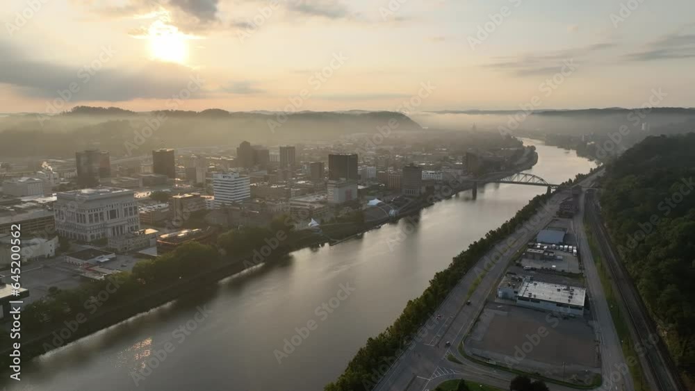 high aerial push over charleston west virginia at sunrise high aerial push over charleston west virginia at sunrise