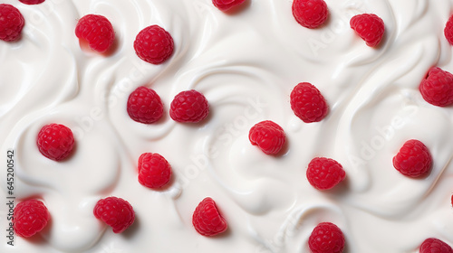 Yogurt and fresh raspberries, background. Top view. Generative AI