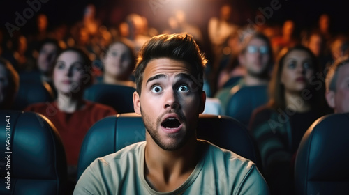 Man in casual clothes with astonished and surprised look watching a movie in a cinema. Generative AI