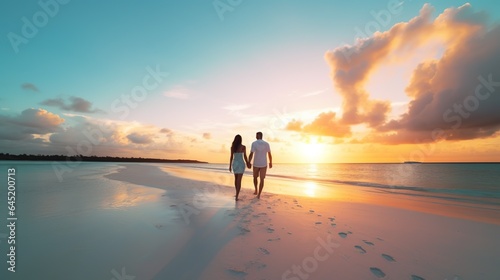 Couple admiring the beautiful white sand beachcouple admiring the sunset at the beach