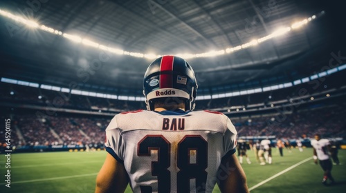 Back view of male American football player in a helmet at world cup in stadium. Generative AI © piai