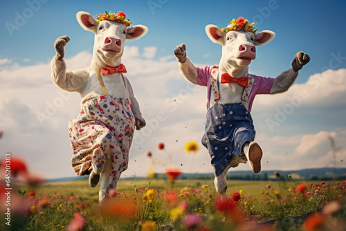 zwei tanzende Kühe auf der Wiese, two dancing cows on the meadow