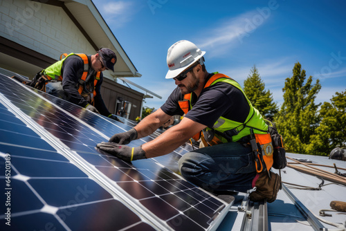 Wallpaper Mural Arbeiter montieren Solarpaneele auf dem Dach, Workers mount solar panels on the roof Torontodigital.ca