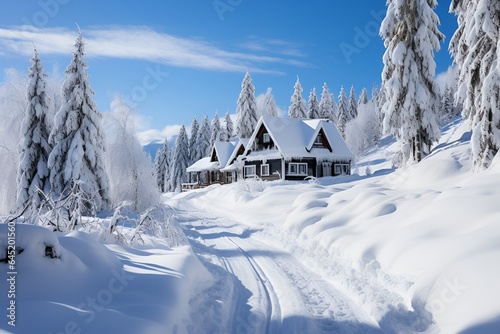 Fantastic winter landscape with traditional wooden house. Christmas and winter holidays concept © Jagad