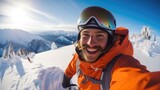 Young man snowboarder taking a selfie at mountain peak while snowboarding. Generative AI