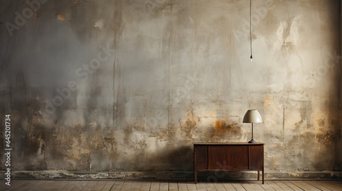 rough wall and old wooden floor in empty room with light shade, grunge wall.