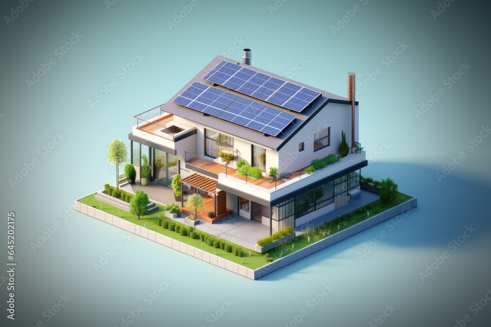Isometric house with solar cell on roof, smart home with clean energy. Isometric house with solar cell on roof, smart home with clean energy.