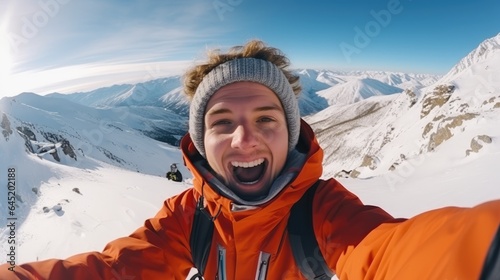 Young man snowboarder taking a selfie at mountain peak while snowboarding. Generative AI