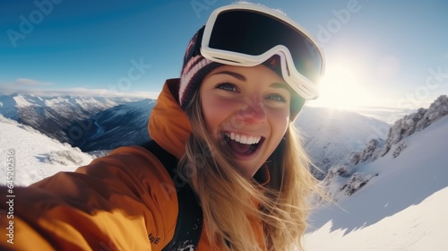 Young woman snowboarder taking a selfie at mountain peak while snowboarding. Generative AI