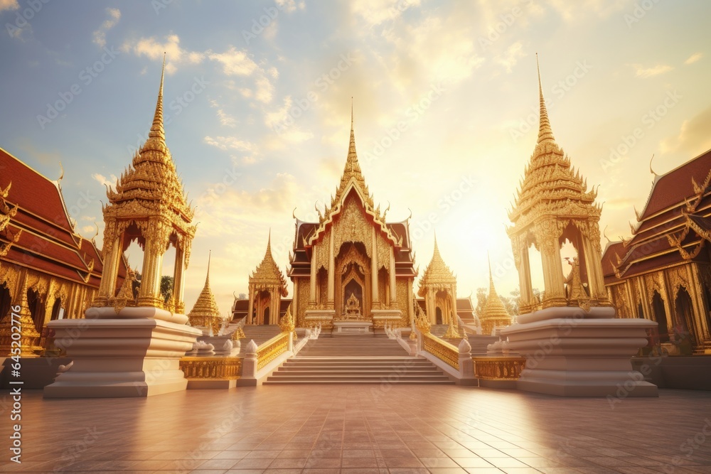 Golden temple thai style with morning sunrise. - obrazy, fototapety, plakaty 