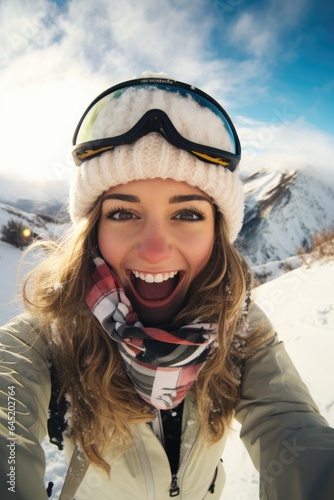 Young woman snowboarder taking a selfie at mountain peak while snowboarding. Generative AI