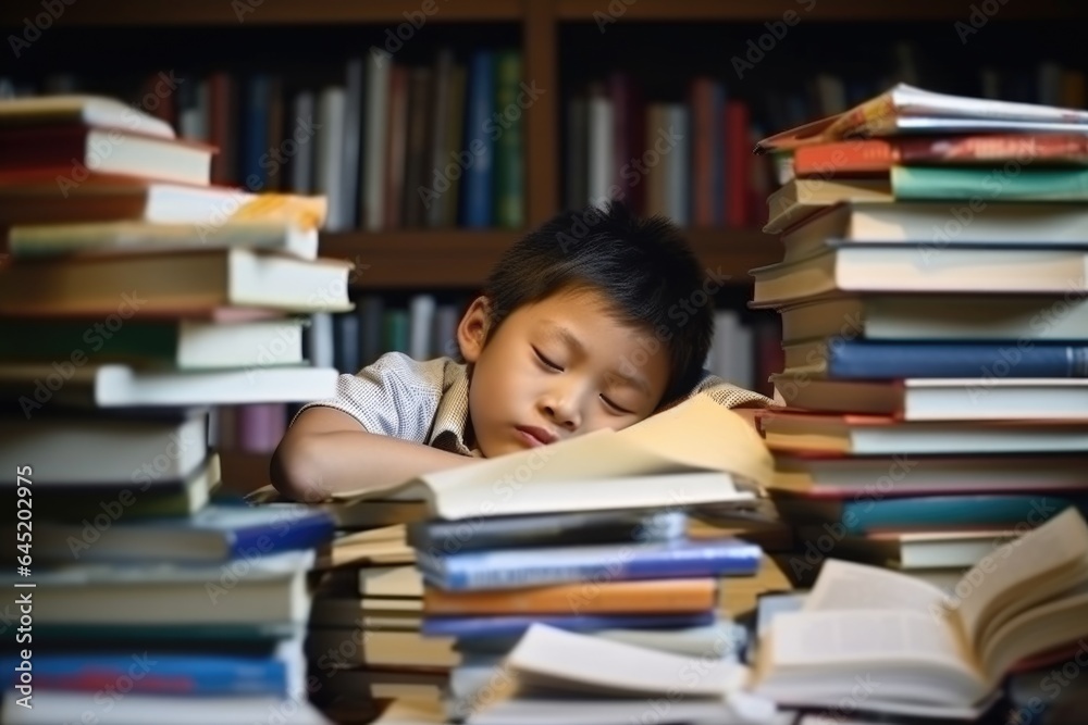 Exhausted Schoolkid Amidst Overwhelming Workload Exhausted Schoolkid Amidst Overwhelming Workload